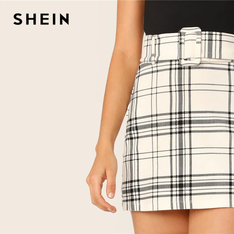 Ceny SHEIN Ladies biała klamra z paskiem spódnica w kratę w stylu koreańskim kobiety Preppy spódnica z wysokim stanem rozciągliwa wiosna lato Mini spódnica