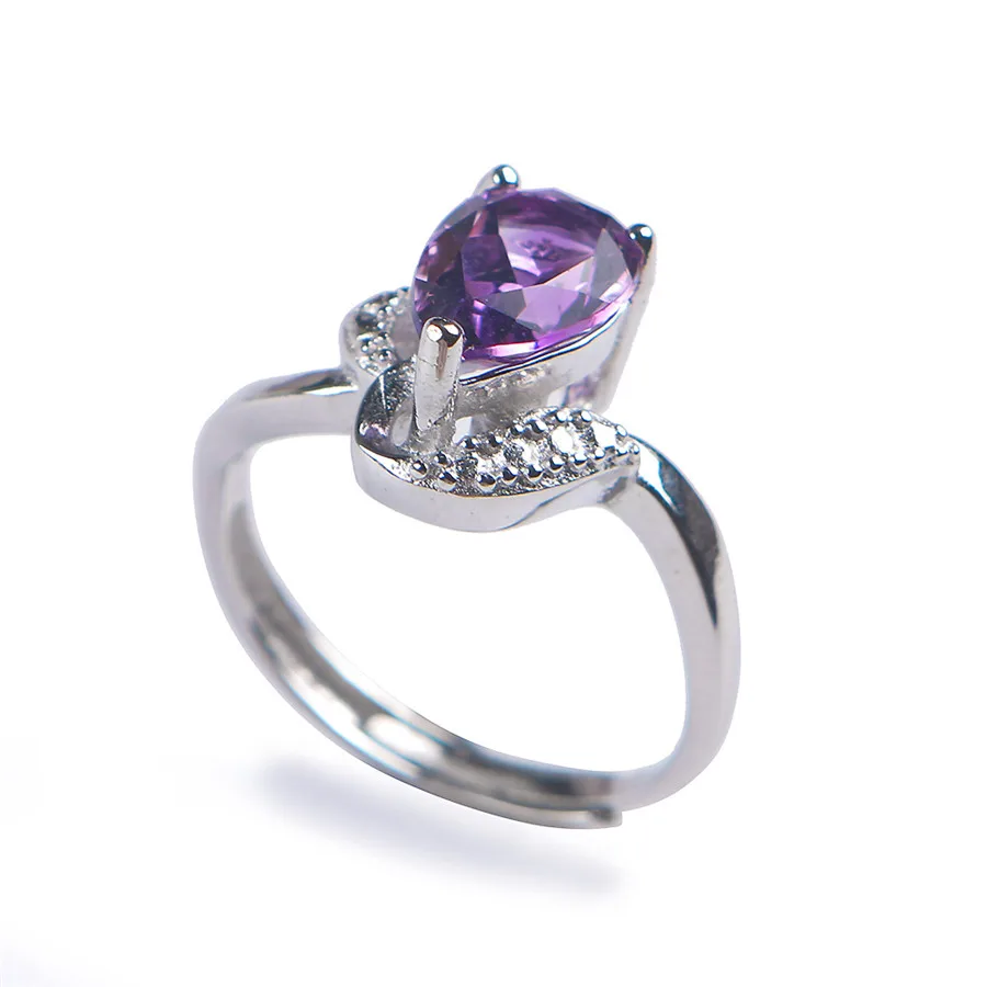 

Genuine Natural Purple Crystal Quartz Transparent Stone Bead Adjustable Size Nice Stering Sliver Ring 10*6*4mm