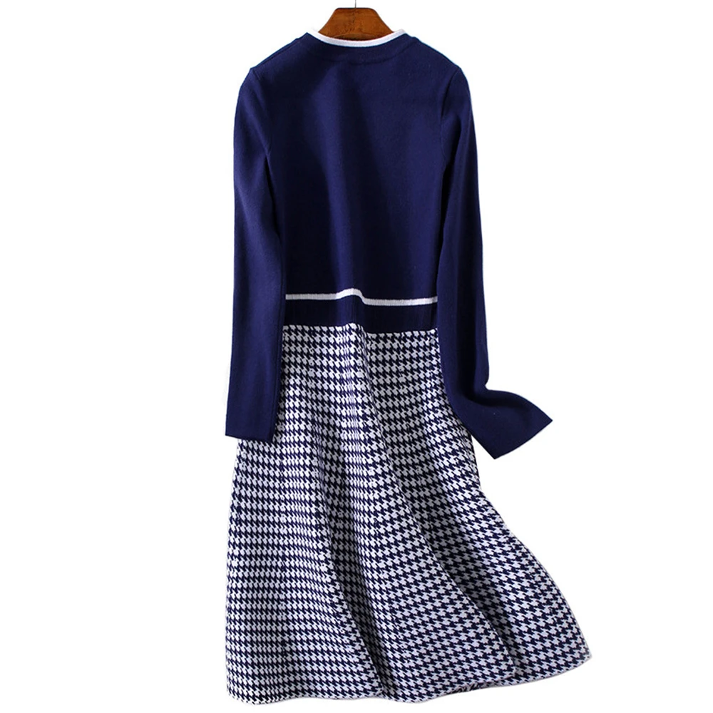 Tunjuefs تصميم مخطط اللباس المرأة رداء طويل كم حك البلوز ألف خط Vestidos سميكة الشتاء اللباس مرونة جيدة