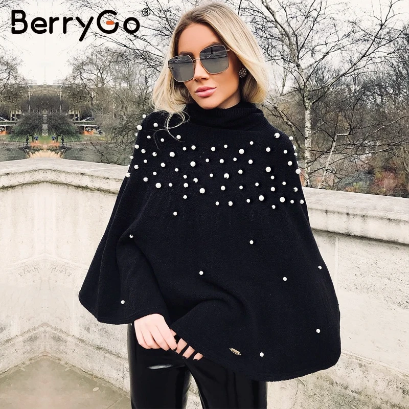 Женский вязаный свитер BerryGo элегантный жемчужный плащ-водолазка с бусинами