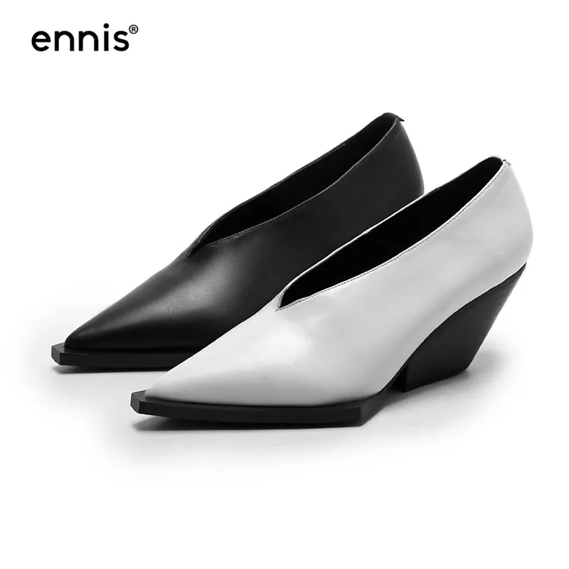 

ENNIS 2019 Hot Sale Runway Wedges Genuine Leather Women Pumps Brand Designer Pointed Toe Model Show Slip On High Heel Shoes P755
