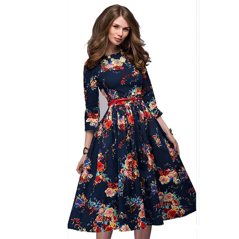 

Zebery New Women Autumn A-Line Dress 2018 Casual Print O Neck Vintage Dress three quarter Sleeve Party Boho Midi Robe Dress