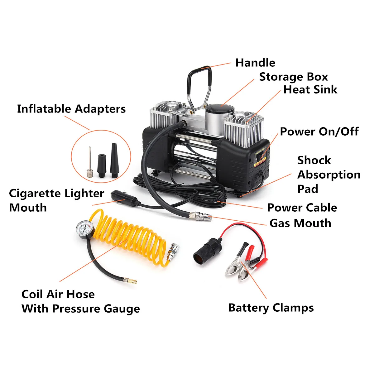

Heavy Double Cylinder Air Pump 12V 150PSI 150W Compressor Car Tire Tyre Inflator Allow use 3pcs Inflatable Adapters Convent