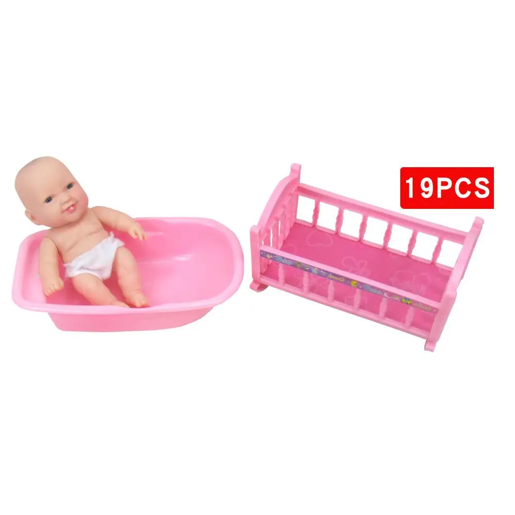 19 قطعة مجموعة الأطفال الطفل حمام كيت لعب 7 بوصة دمية حمام السرير المائدة أدوات الطبية اللعب منزل دش حزب فتاة هدية عيد ميلاد
