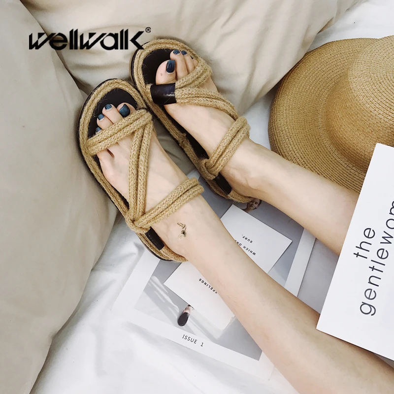 

Flat Sandals Hemp Woven Shoes Women Summer Beach Sandals Female Flats Ankle Strap Shoes Ladies Casual Sandals Fashion