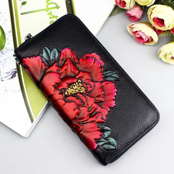 

Genuine Leather Women Wallet Zipper Long Women Flower Wallets 3D Embossing Female Clutch Purse Real Leather Ladies Wallet Peony