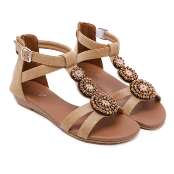 

B2-7 DF Size 35-42 Girls String Beads Flowers Sandals Female Zips Wedges Shoes Woman Low Heels Shoes Women Summer Vintage Shoe