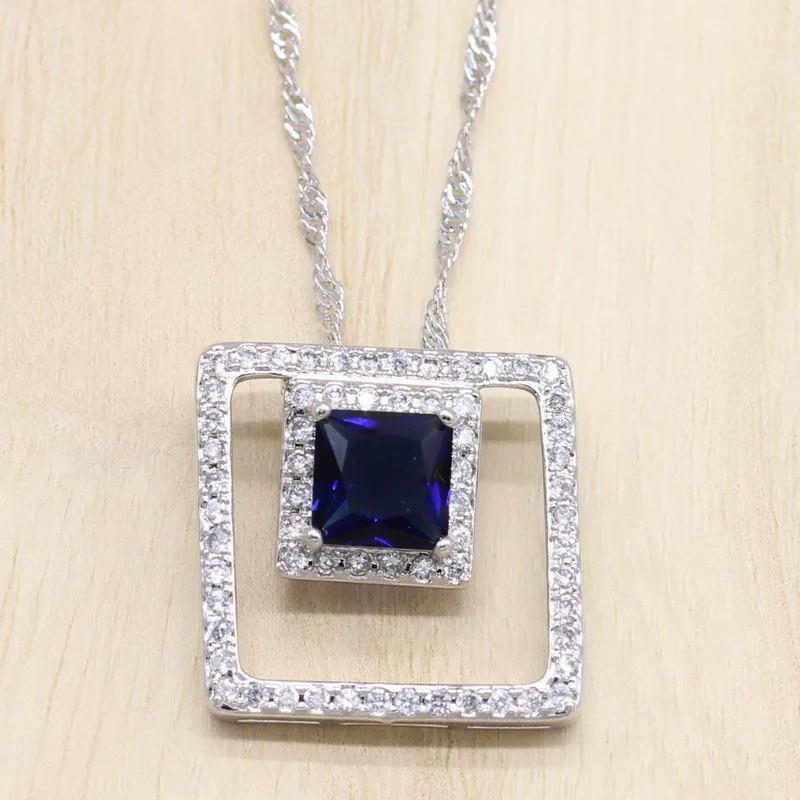 Прямоугольная синяя фианит 925 пробы серебряные Ювелирные наборы для женщин серьги/кулон/ожерелье/браслет