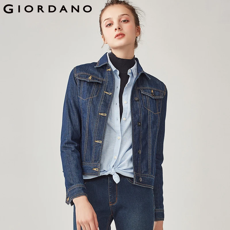 Фото Giordano/Женская джинсовая куртка с карманами и отложным воротником