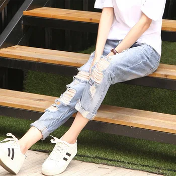

Nonis New Arrival Summer Ankle Length Ripped Holes Casual Blue Jeans For Women Girls Fashion Pants Trouser Streetwear Plus Size