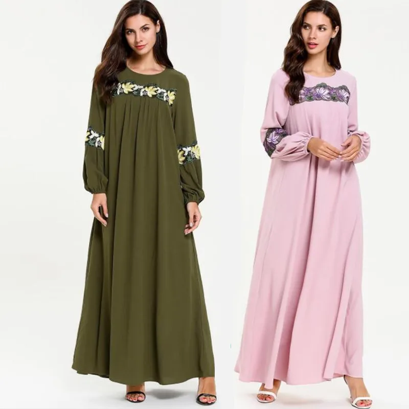 Женское мусульманское длинное платье с вышивкой Abaya Dubai зеленое розовое кафтан