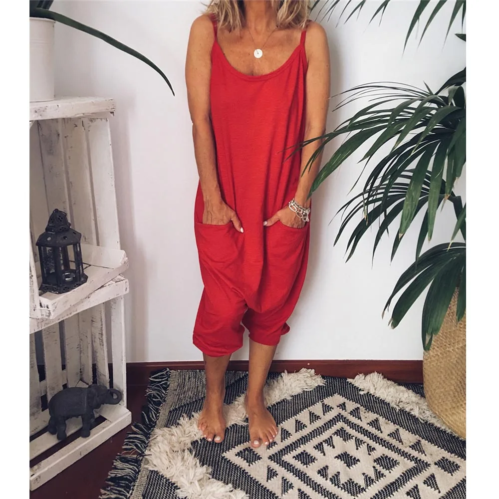 Women summer pocket Loose Casual Spaghetti Strap Jumpsuit HipHop Solid Color Romper Women summer pocket Loose Casual Spaghetti Strap Jumpsuit HipHop Solid Color Romper