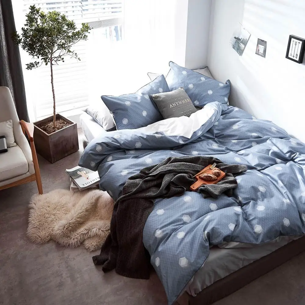 

2019 Blue Grey Geometric Print Bed Cover Duvet Cover Set Cotton Bedding Set Bedlinens Twin Queen King Flat Sheet Fitted Sheet