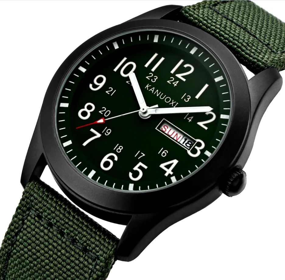 KANUOXI брендовые аналоговые кварцевые часы мужские водонепроницаемые Модные Повседневные спортивные часы мужские нейлоновые наручные часы Relogio Masculino - Цвет: Зеленый
