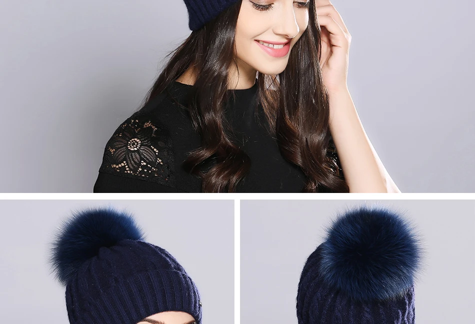 Woman Winter Hats Wool Skullies Beanie Raccoon Fur Pom Pom Stripe Knitted Hat Female Autumn Skullies Beanies  (10)