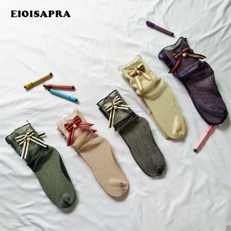 

[EIOISAPRA]Bowknot Pearl Art Shining Socks Handmade Gold Silver Silk Harajuku Socks Women Beautiful Heap Heap Calcetines Mujer