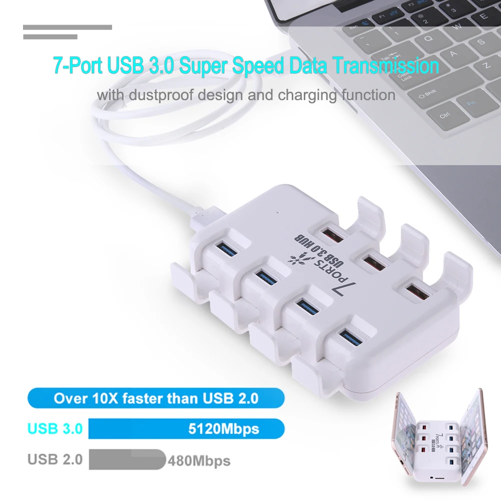 

High Speed 7 Ports USB 3.0 Hub Charging Dock Station Quick Charger Card Reader USB Splitter with Dustproof Cover for Notebook