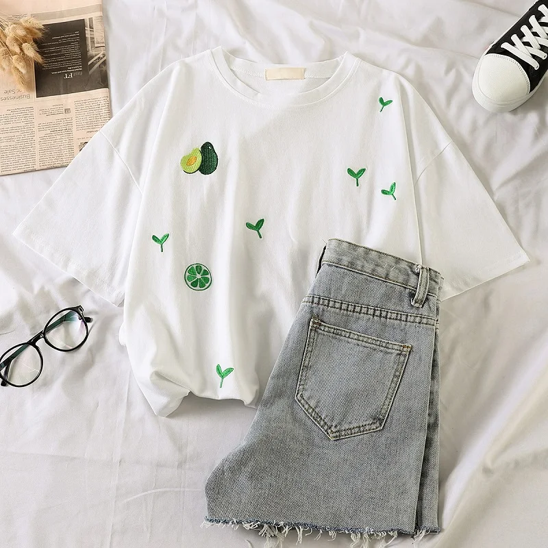 

Harajuku Kawaii Vegan Avocado embroidery t-shirts Korean Fashion 90s girls green white Tops Women T Shirt Casual Tee Shirt Femme