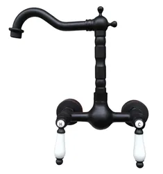 Black Oil Rubbed Bronze Wall Mounted Dual Ceramic Handles Swivel Spout Kitchen Sink Mixer Tap / Bathroom Basin Faucets anf523