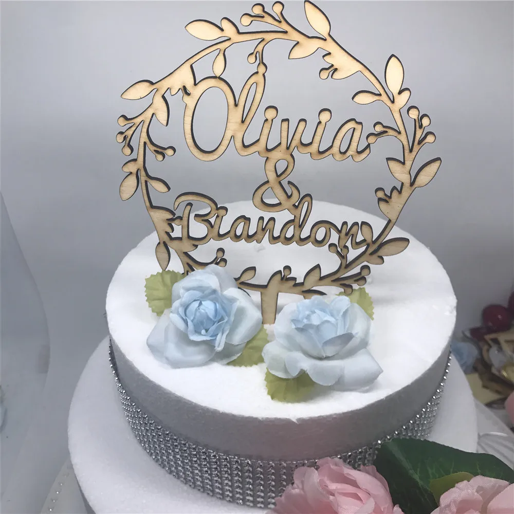 Wooden Custom Flower Wedding Cake Topper Personalized Acrylic Wedding Party Bride & Groom Cake
