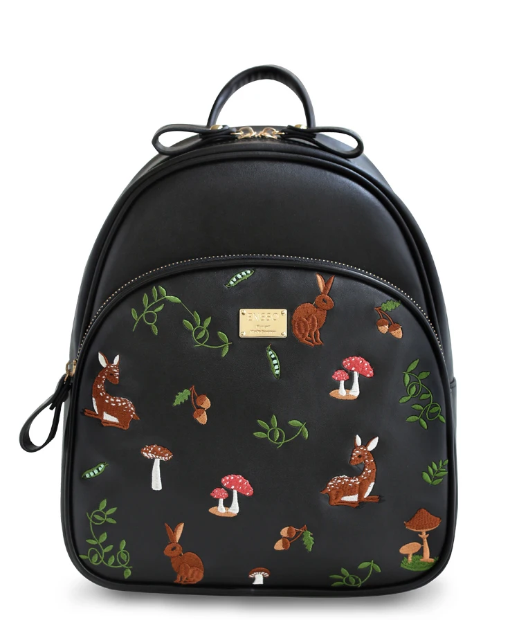 

Fashion Women's Leather Backpack Ladies Cartoon Deer Rucksack Female Leisure Embroidery Mushroom Travel Double Shoulder Bags