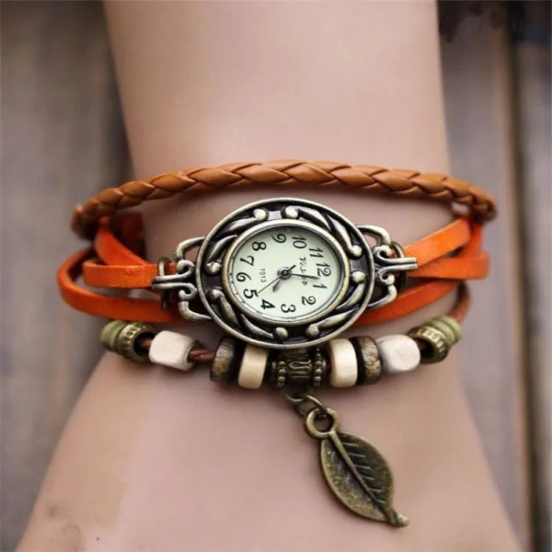 Женские часы, Женские многослойные плетеные кварцевые наручные часы с кожаным браслетом в виде листа, женские браслеты, женские наручные часы - Цвет: Цвет: желтый