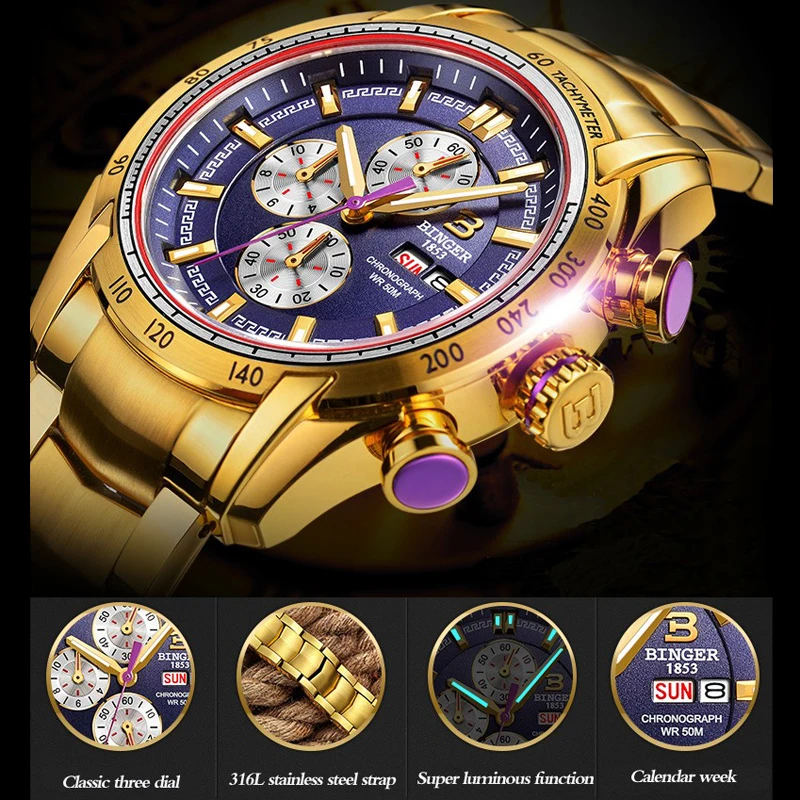 Швейцария BINGER мужские часы лучший бренд класса люкс Полный стали часы Спорт Кварцевые часы мужские повседневные водонепроницаемые золотые часы Relogio