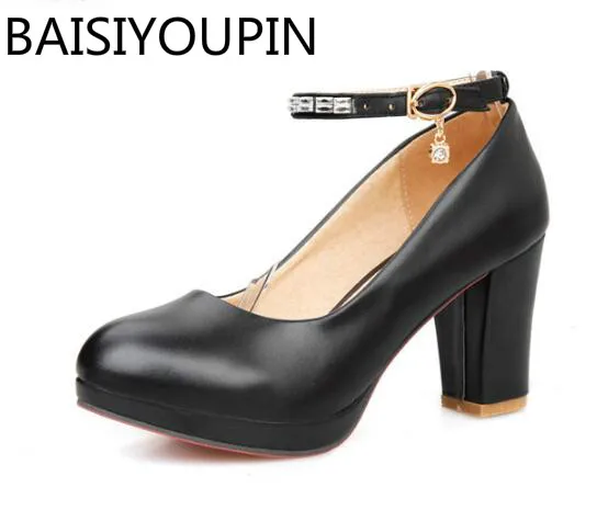 

White Black Work High Heels Wedding Shoes Women Single Shoes A Word Buckle Rhinestone Platform Pump Small Size 32 Big Size 42 43