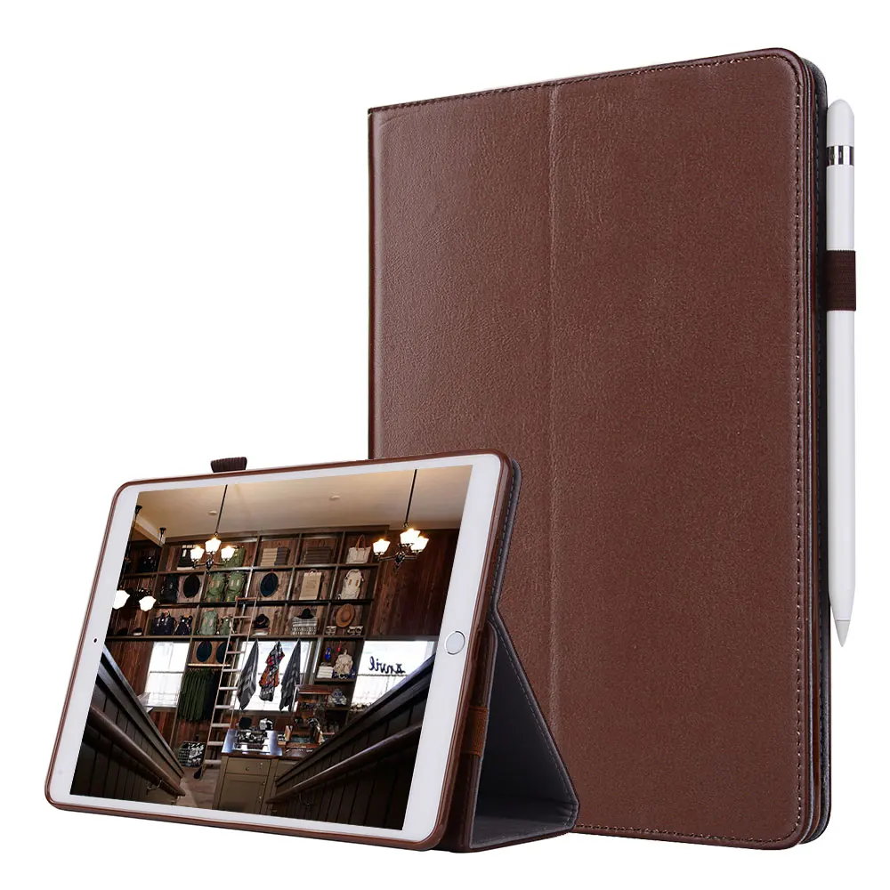 For iPad Pro 9.7 / Air 1 2 Smart Flip Tablet Case Cover Luxury Genuine Leather Folding Stand Case + Card Slots + Pencil Holder