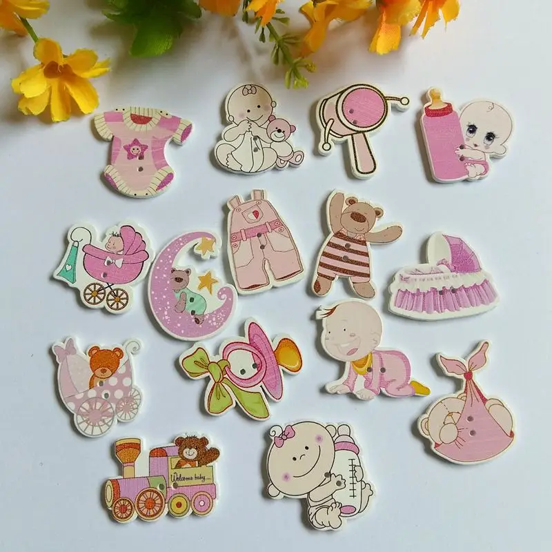 

40Pcs Lovely Cartoon baby 2 Holes Sewing Wooden Buttons Random Mixed Decorative Buttons Flatback Scrapbooking Making