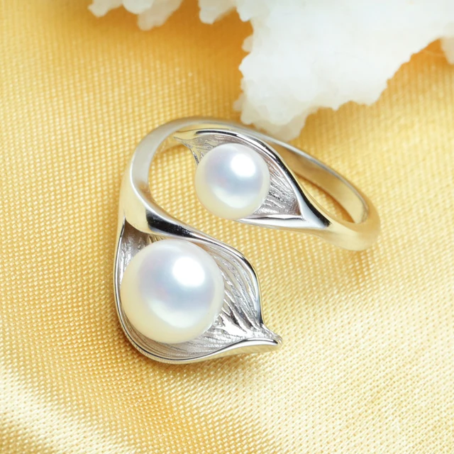 FENASY Natural Freshwater Double Pearl Ring Boho Fashion Leaf Statement Cocktail 925 Sterling Silver Rings For FENASY Natural Freshwater Double Pearl Ring Boho Fashion Leaf Statement Cocktail 925 Sterling Silver Rings For Women Jewelry
