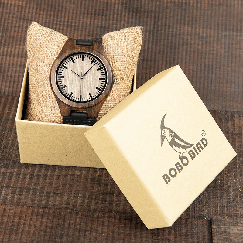 BOBO BIRD Ebony Wood Watch Men Quartz Wristwatches Timepiece With Leather Strap Women Best Gift In Box relogio masculino V-F08