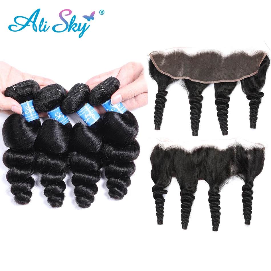 

Alisky Hair 13x4 Ear To Ear Lace Frontal Closure With Bundles Brazilian Loose Wave 4 Bundles With Frontal Remy Hair Extension