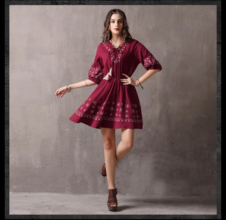Вышивка Винтаж хлопок летнее платье Для женщин Boho половина рукава-line эластичный пояс красный Повседневное Платья Vestidos
