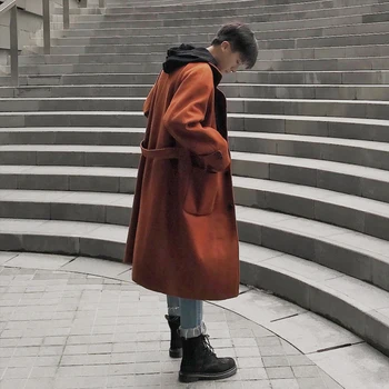 

2018Solid Color Woolen Overcoat Autumn And Winter Dress Long Fund Loose Coat men Male windbreaker Fashion Recommend Black M-2XL