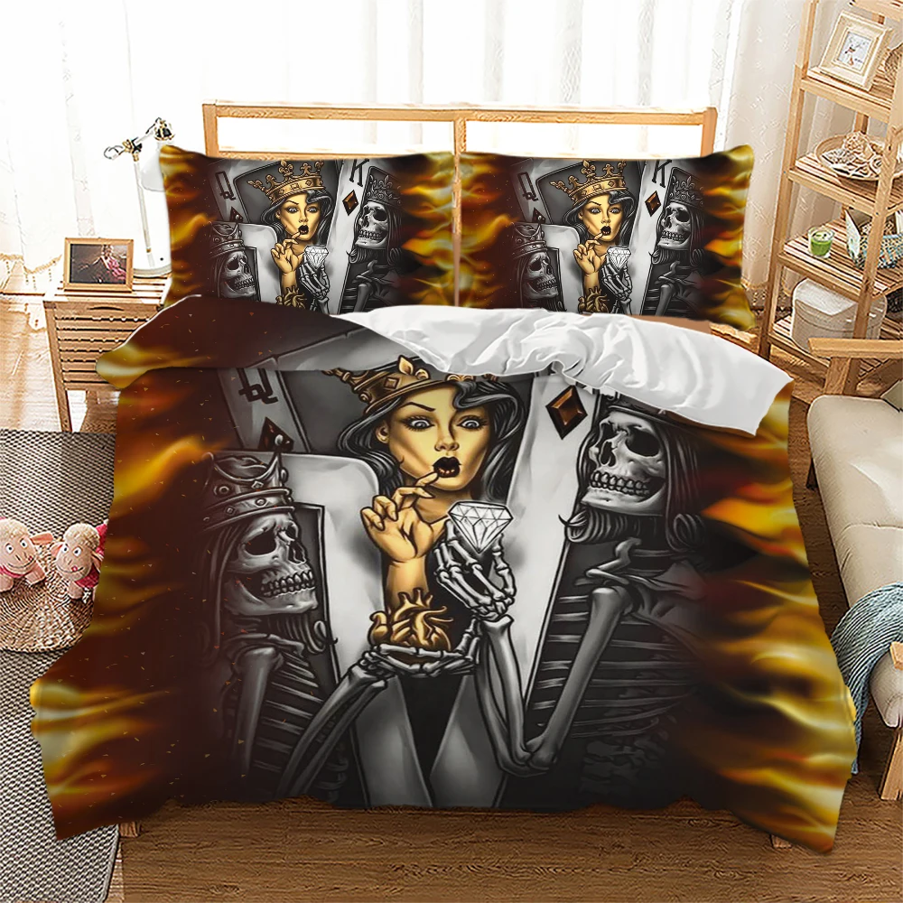 

Bedding set Sexy Beauty skull Poker Q K Duvet/Quilt cover pillowcase Single Queen King Bedlinen new 3pcs dropship