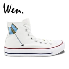 Вэнь Дизайн пользовательские ручной росписью обувь Племенной стрелка Для мужчин Для женщин белые высокие холщовые кроссовки на день рождения рождественские подарки