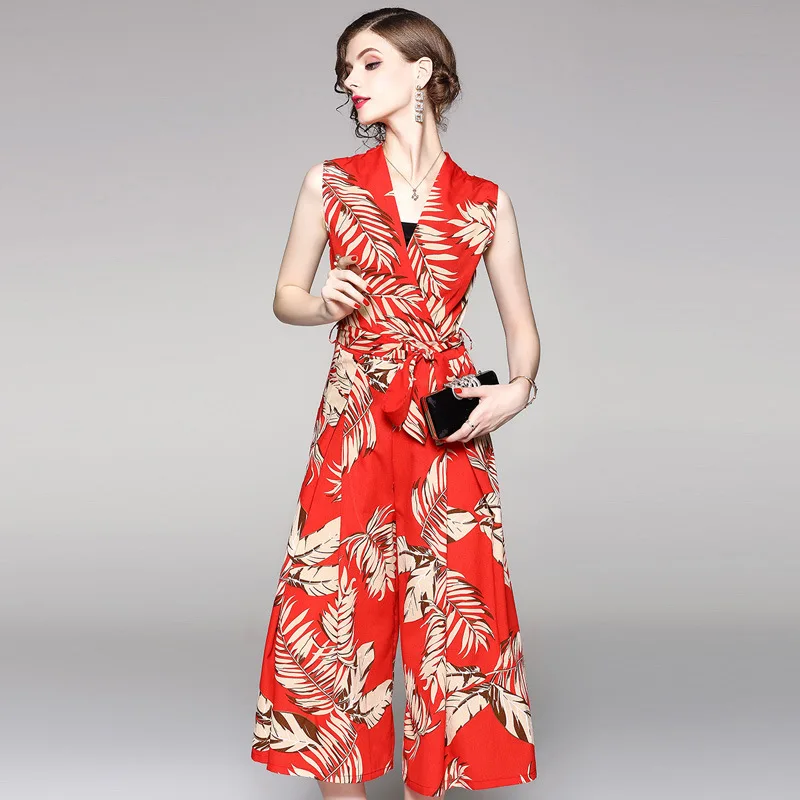 2019 New Summer Women Pants Temperament Casual Chiffon Printing Loose Drawstring Wide Leg Pants Fake Two Wide-legged Jumpsuit 2019 New Summer Women Pants Temperament Casual Chiffon Printing Loose Drawstring Wide Leg Pants Fake Two Wide-legged Jumpsuit