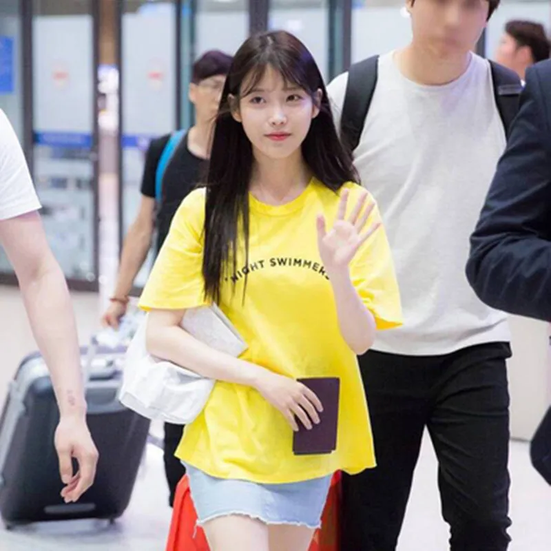 

K-pop Li Zhi en iu yellow short-sleeved T-shirt thin letter print large size loose half-sleeved t-shirt woman summer kpop