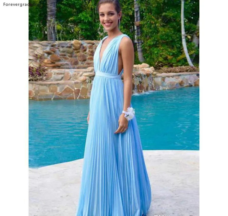 Sky Blue Summer Weddings Bridesmaids Dresses Cheap 2019 Sexy Deep V Neck Pleats A Line Wedding Guest Evening Prom Gowns BM0175  78 (4)