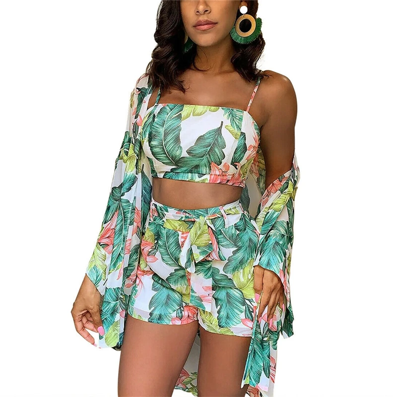 Prix Été nouveau femmes Boho 3 pcs Floral imprimé Cardigan Blouse + haut court + Shorts dame vacances plage trois pièces ensemble Shorts décontracté és ensembles
