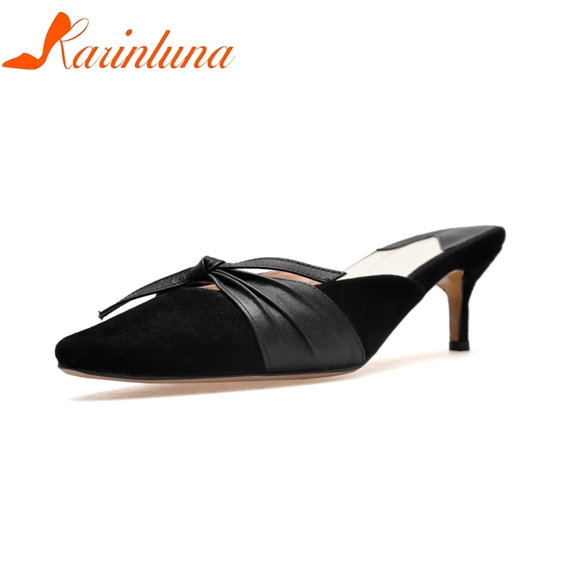 

KARINLUNA Large size34-43 Kid Sued Genuine Leather Mules Pointed Toe High Heels Woman Shoes Butterfly Knot Pumps