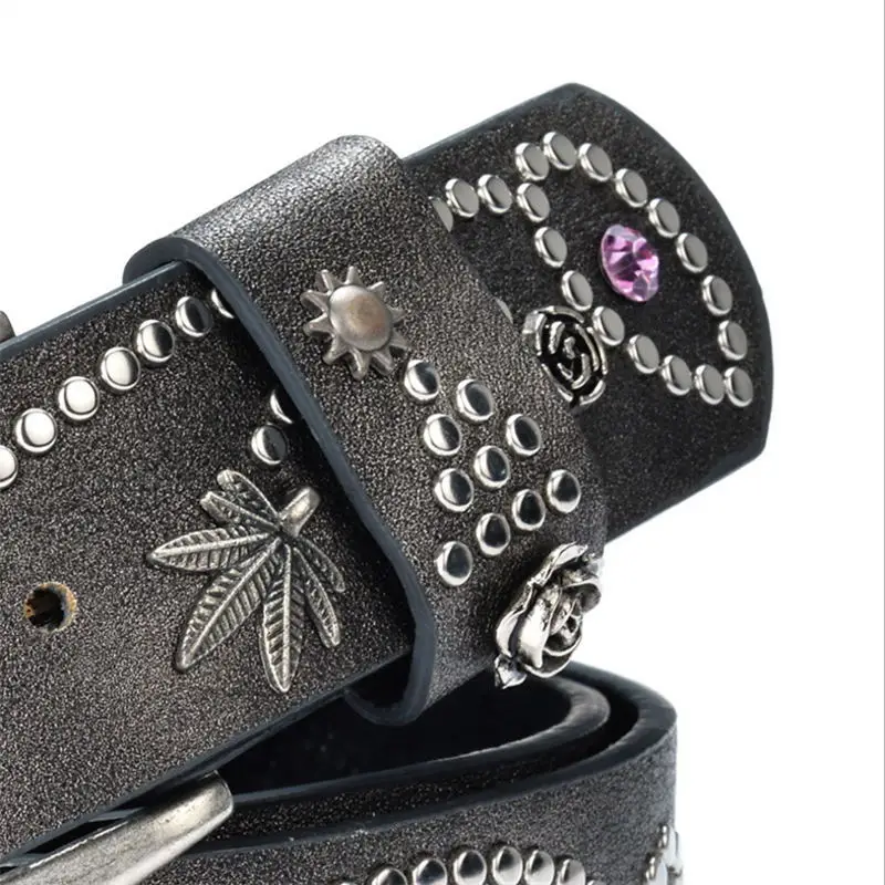SupSindy Women Belt Luxury Brand Designer Leaves Flowers Rhinestone Rivets Pin Buckle PU Leather Belts for Women Jeans Waistband