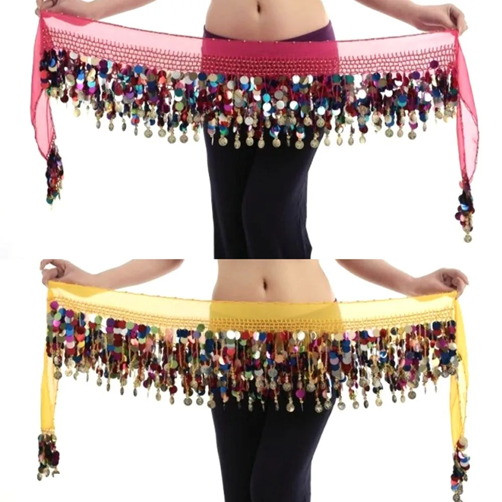 Женский сексуальный шифоновый шарф для танца живота, 58 монет, пояс с блестками, юбка, набедренный шарф