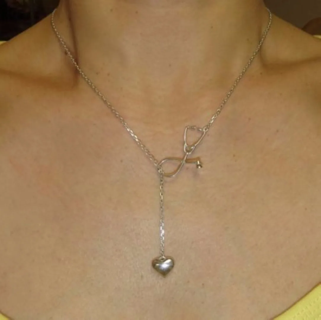 4 Colors Doctor Nurse Stethoscope Lariat Heart Pendant Chain Necklace Jewelry