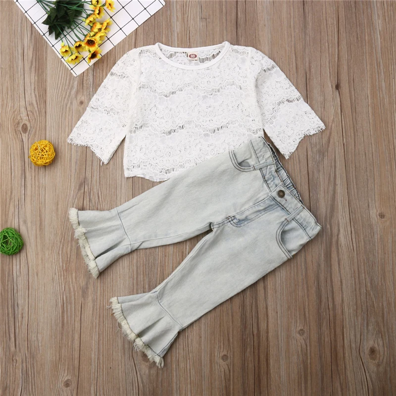 

2019 Summer Fashion Toddler Baby Girls Clothes Lace Shirt Tops+Jeans Flare Pants 2pcs Outfits Casual Clothes 1-6 Yrs