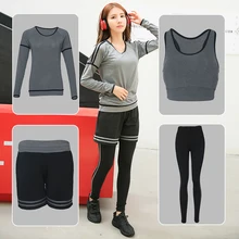 Для женщин Йога набор с длинным рукавом Фитнес брюки+ спортивный бюстгальтер+ футболка+ шорты 4 шт. спортивный костюм спортивная одежда 3XL большой Размеры спортивный костюм