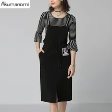 2 Piece Set Striped Flare Three Quarter Sleeve T-shirt Lace Up Appliques Open Stitch Sling Dress Spring Two Piece Set Plus Size