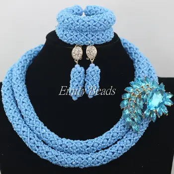 

Light Blue Crystal Beads Nigerian Wedding Indian Bridal Beads Jewelry Sets Handmade 2 Rows Necklace Set Free Shipping AIJ179