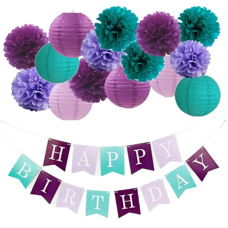 

16PCS Mermaid Tissue Paper Pompoms Purple Teal Party Kit Hanging Lantern Happy Birthday Banner for Wedding Birthday Decoration